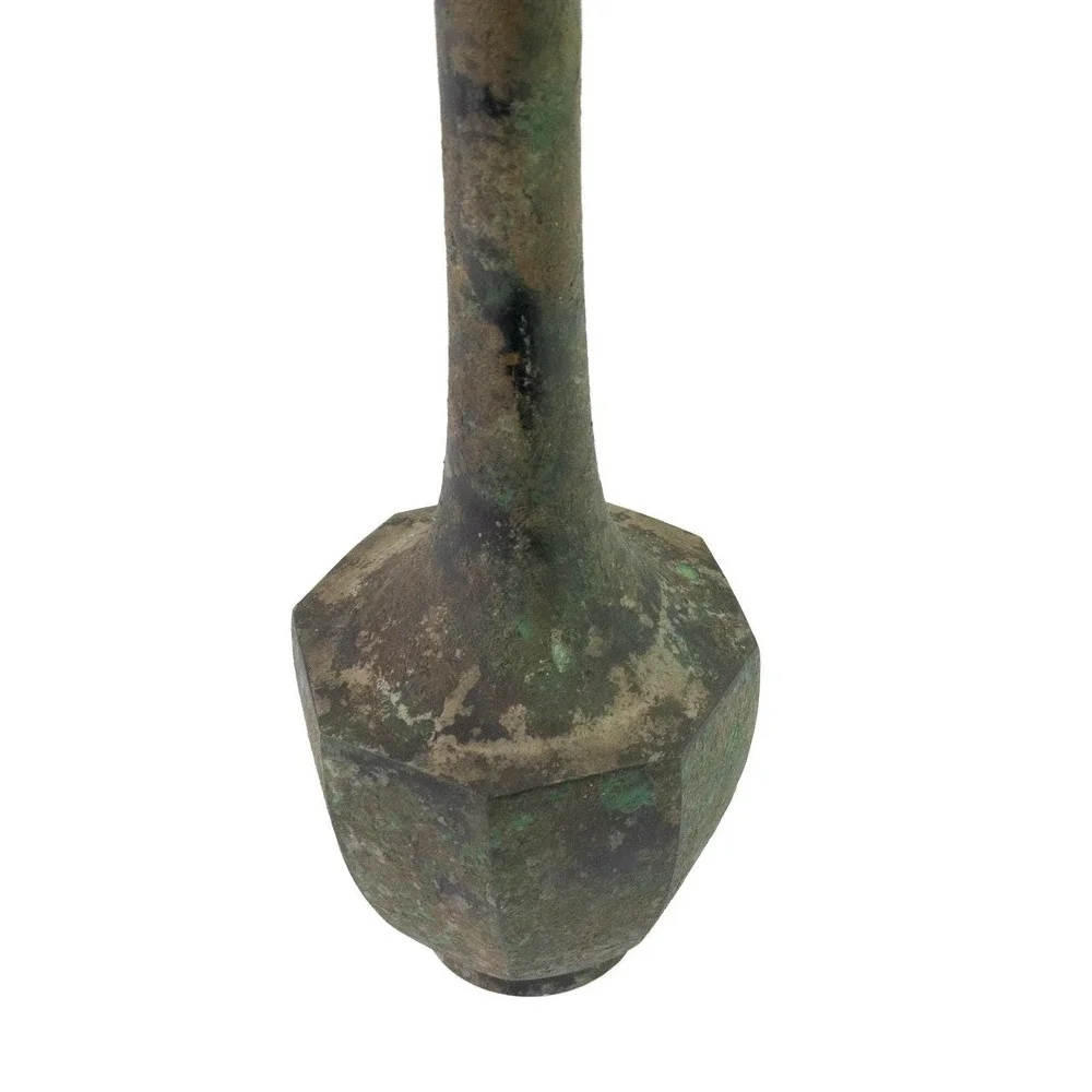 Chinese Bronze Octagonal Long Neck Vase Verdigris Patina